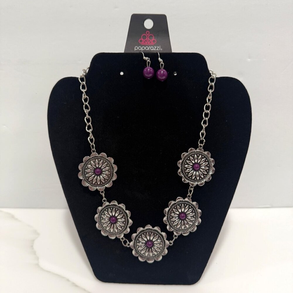 Papparazzi Necklace + Earring Silvertone Floral Stamped Frames Purple Beads Boho